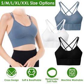 3Packs Women Cross Back Sport Bras Padded Strappy Medium Support Bras - Black+White+Blue - L