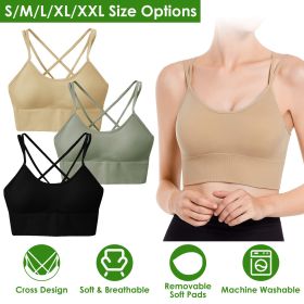 3Packs Women Cross Back Sport Bras Padded Strappy Medium Support Bras - Green+Black+Beige - L