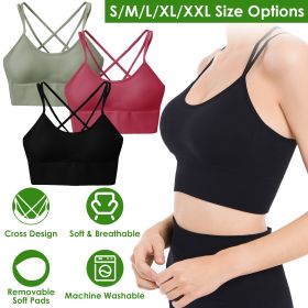 3Packs Women Cross Back Sport Bras Padded Strappy Medium Support Bras - Green+Red+Black - M