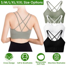 3Packs Women Cross Back Sport Bras Padded Strappy Medium Support Bras - Green+Black+White - S