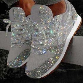 Women Flat Glitter Sneakers Casual Female Mesh Lace Up Bling Platform - Silver - 9