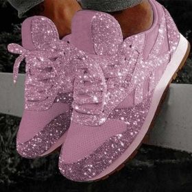 Women Flat Glitter Sneakers Casual Female Mesh Lace Up Bling Platform - Pink - 11