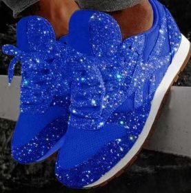 Women Flat Glitter Sneakers Casual Female Mesh Lace Up Bling Platform - Blue - 11