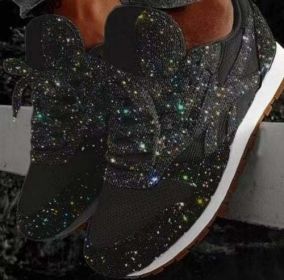 Women Flat Glitter Sneakers Casual Female Mesh Lace Up Bling Platform - Black - 6