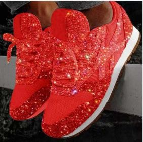 Women Flat Glitter Sneakers Casual Female Mesh Lace Up Bling Platform - Red - 8