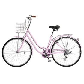 26in 150kg High Carbon Steel V Brake 7 Speed commuter Bike Pink - as picture
