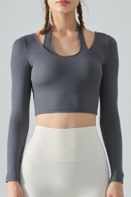 Halter Neck Long Sleeve Cropped Sports Top - Gray - XL