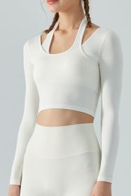 Halter Neck Long Sleeve Cropped Sports Top - White - XL