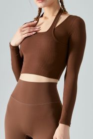 Halter Neck Long Sleeve Cropped Sports Top - Brown - L