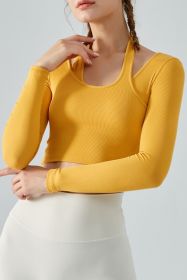 Halter Neck Long Sleeve Cropped Sports Top - Yellow - S