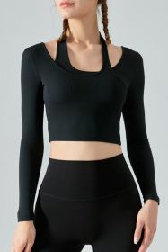 Halter Neck Long Sleeve Cropped Sports Top - Black - M