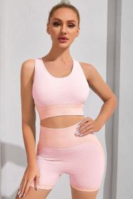 Round Neck Sports Bra and Shorts Set - Peach - M