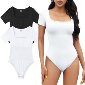 MRIGNT 2 Piece Short Sleeve Bodysuits for Women Sexy Ribbed Square Neck Top - M - Beige+Blue