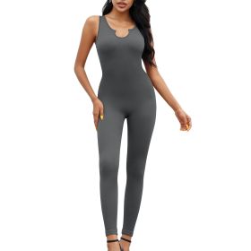 Women Yoga Rompers Workout Ribbed Sleeveless Sport Romper - M - DarkGrey