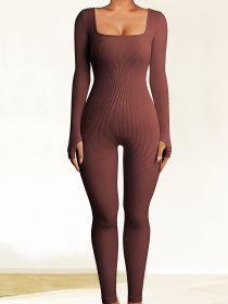 2024 New European and American seamless yoga jumpsuit dance fitness sports jumpsuit tight long-sleeved yoga suit wom - L - Brown