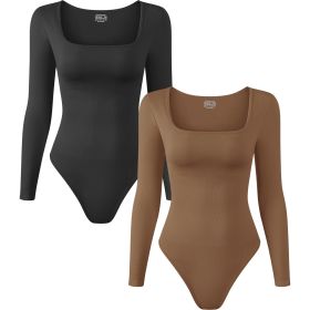 2 Pcs Long Sleeve Bodysuit Jumpsuit for Women, Seamless Ribbed Square Neck Shapewear for Women - S - Darkpurple+navy