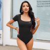 MRIGNT 2 Piece Short Sleeve Bodysuits for Women Sexy Ribbed Square Neck Top - L - Beige+Blue
