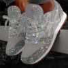 Women Flat Glitter Sneakers Casual Female Mesh Lace Up Bling Platform - Black - 10