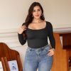 2 Pcs Long Sleeve Bodysuit Jumpsuit for Women, Seamless Ribbed Square Neck Shapewear for Women - L - Lightcoffee+Pink