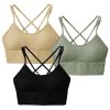 3Packs Women Cross Back Sport Bras Padded Strappy Medium Support Bras - Green+Black+Beige - M