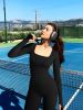 2024 New European and American seamless yoga jumpsuit dance fitness sports jumpsuit tight long-sleeved yoga suit wom - L - Black
